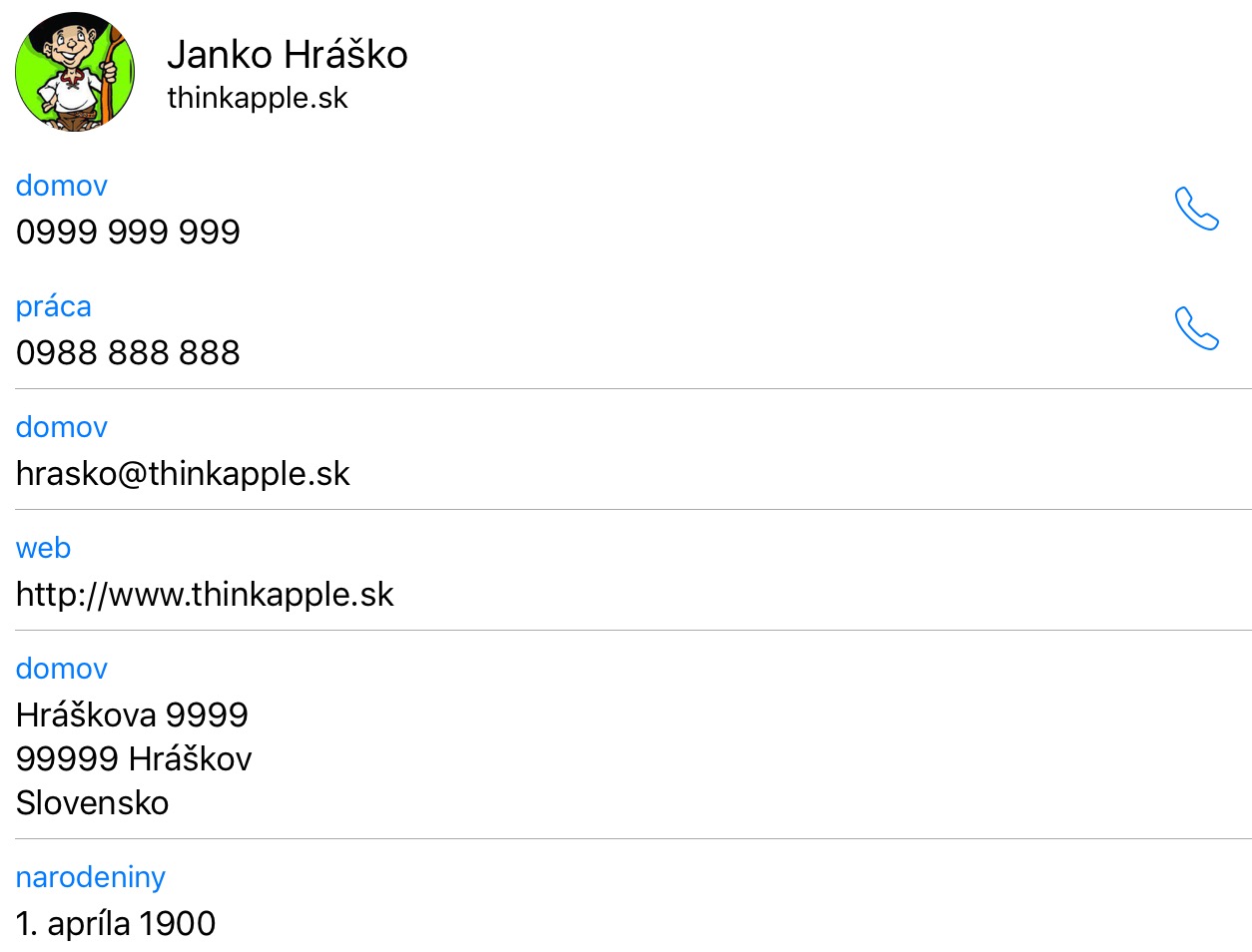 Vyplnený kontakt